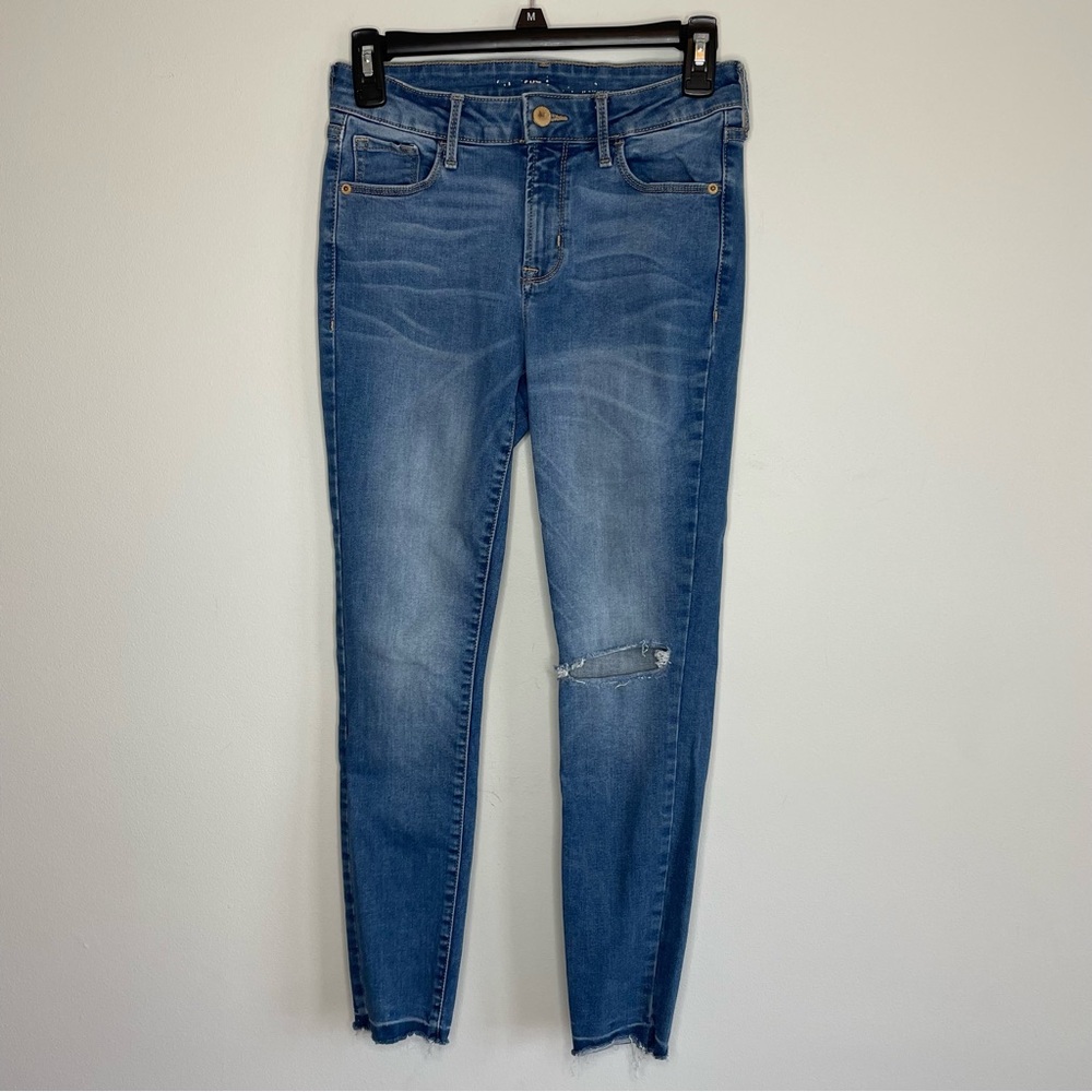 Old Navy Solid Blue Medium Wash Distressed Raw Hem Mid Rise Skinny Jeans